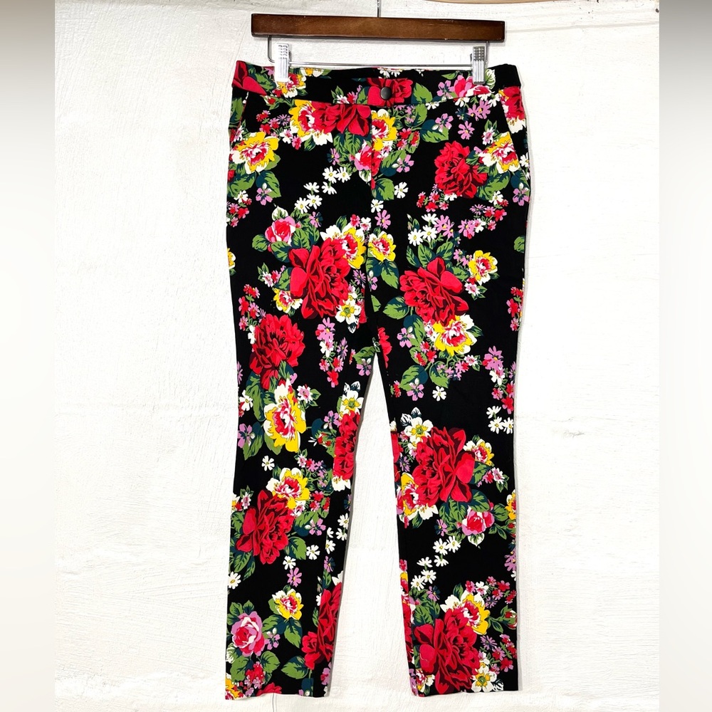 Jules & Leopold Black Floral Skinny Pants with Red & Yellow Blooms